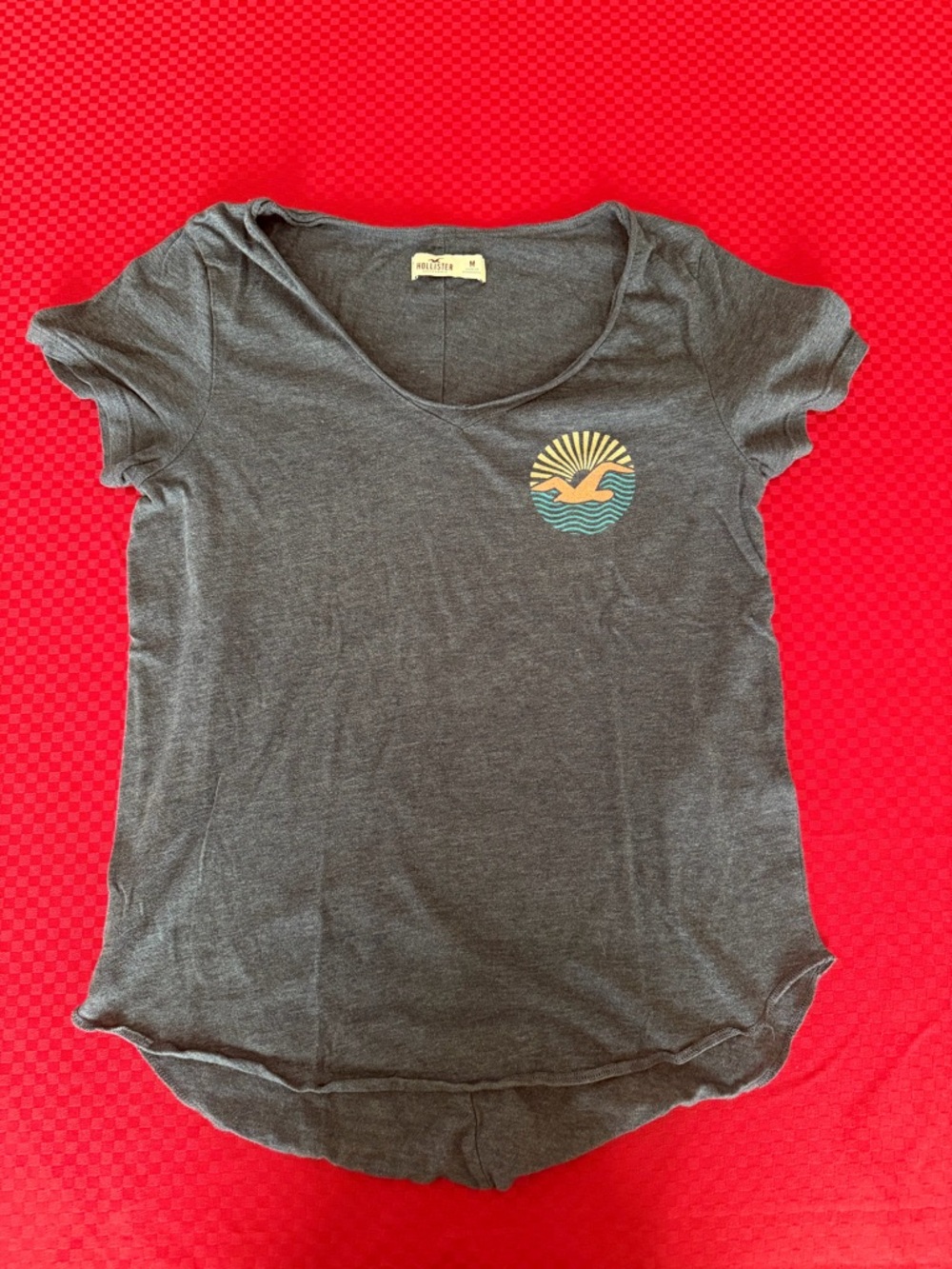 Hollister Navy Blue V-Neck Tee with Sun & Wave Chest Emblem